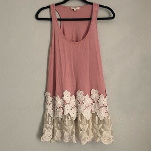 Pink boho festival floral lace razorback long flowy tank top tunic Medium